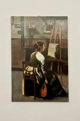 a painting of a woman sitting in a chair at Atelier dello Statuto, a few steps from Colosseo in Rome