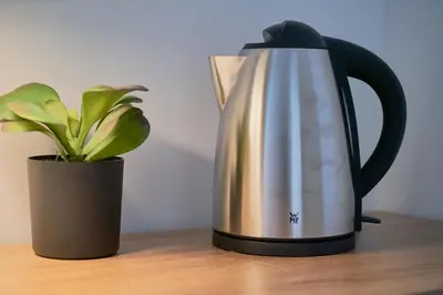 a black and white tea kettle next to a plant at Basilica San Paolo - Home Cinema e Vasca Idromassaggio in Rome