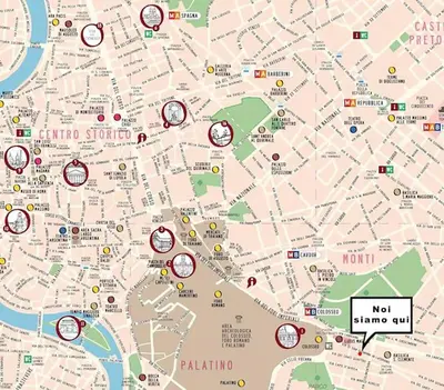 a map of a city with circled attractions at 150 meters from the Colosseum - Appartmento Gladiatore in Rome