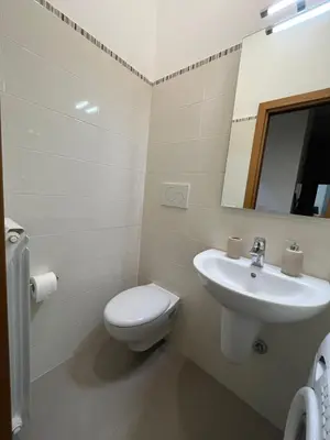 a bathroom with a sink and a toilet and a mirror at Monti Deluxe Apartment in Rome