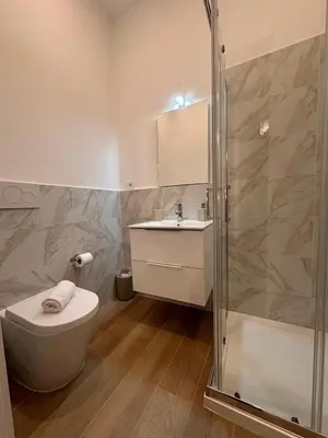 a bathroom with a shower and a toilet and a sink at Domus Iulius in Rome
