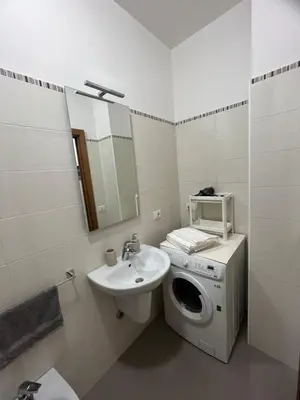 a bathroom with a washing machine and a sink at Monti Exclusive Apartment in Rome