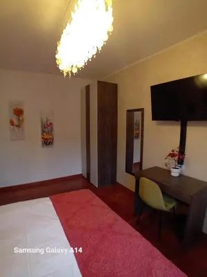 a room with a bed and a desk and a television at Tre Fiori in Rome