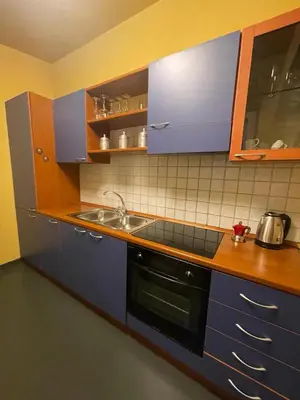 a kitchen with blue cabinets and a sink at Appartamento Tor Millina 4 Piazza Navona in Rome