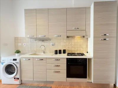a kitchen with a sink and a washing machine at Golden Essence Apartment - terrace & metro in Rome