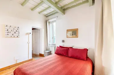 a bedroom with a large bed with red pillows at Delizioso appartamento a Trastevere in Rome