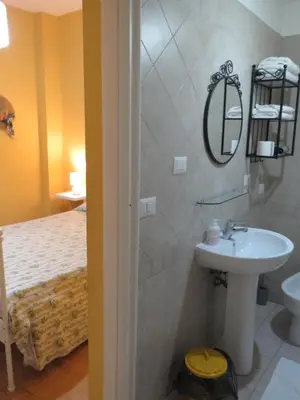 a bathroom with a sink and a shower with a bed at Vista sul Tevere in Rome