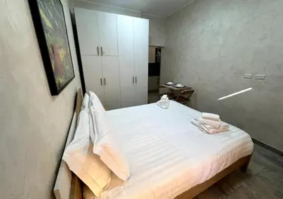 a bedroom with a large bed with white sheets at La Palmetta - Vicino Metro A in Rome