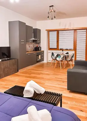 a large living room with a kitchen and a table at Caesar's Suite Trastevere in Rome