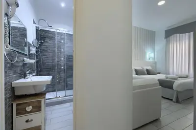 a bathroom with a sink and a shower and a bed at Vatican's Roof in Rome