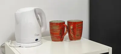 two orange cups sitting on a counter next to a blender at Stazione Telese 41 in Rome