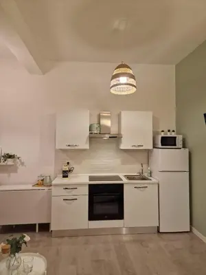 a kitchen with white appliances and a pendant light at Casina Valtellina in Rome