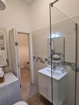 a bathroom with a white sink and a shower at Casina Valtellina in Rome