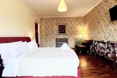 a bedroom with a large white bed and a fireplace at 129 Gallery’s Studio @ Vatican in Rome