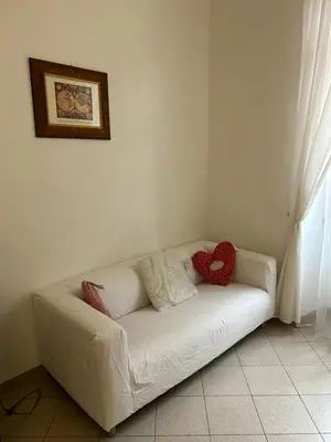 a white couch in a living room with two red pillows at Vatican Vittoria Suite in Rome