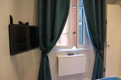 a window with green curtains and a television at Argilla House 10 min a piedi dal Vaticano in Rome
