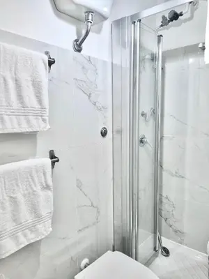 a bathroom with a shower and a toilet and towels at Domus Euclide in Rome