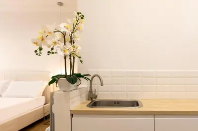 a kitchen with a sink with a vase of flowers at FARNESINA SUITE in Rome