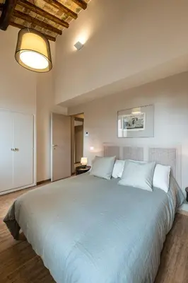 a bedroom with a large bed with a blue blanket at Attico le Stelle de Roma in Rome