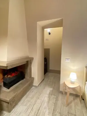 a living room with a fireplace and a table at Tiziano's house San Pietro Station in Rome
