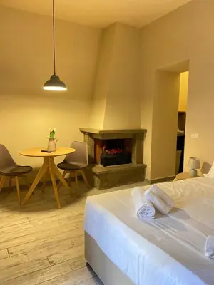 a bedroom with a bed and a table and a fireplace at Tiziano's house San Pietro Station in Rome