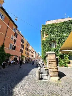 a cobblestone street in a city with a green wall at Borgo Place in Rome
