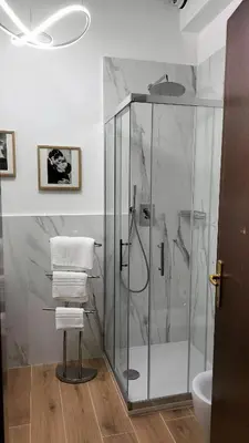 a bathroom with a shower and a towel rack at Benedetta Suite Trastevere in Rome