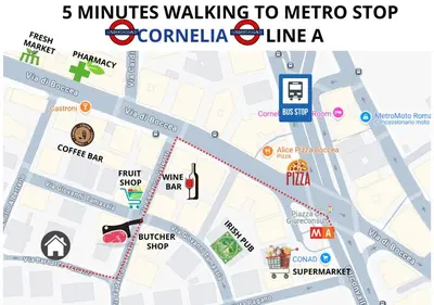 a map with the minutes walking to metro line at Casa Sofia, a 4 fermate metro dal Vaticano in Rome