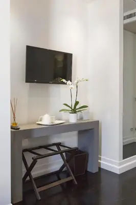 a desk with a television on a wall with a plant at Xenia Guest House in Rome