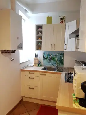 a kitchen with white cabinets and a sink at Il Salotto di via Giulia in Rome