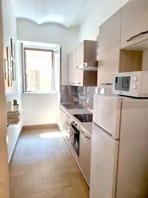 a kitchen with a white refrigerator and a microwave at Porta Labicana House -10 minutes from Termini Station in Rome