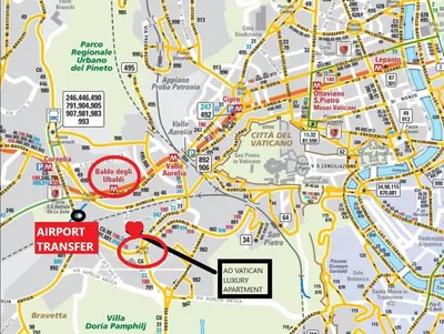 a map of the airport transfer area with a red marker at ad vatican luxury apartment in Rome