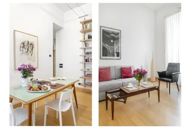two images of a living room and a dining room at Beige luxury apartment Rome in Rome