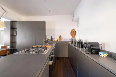 a kitchen with a counter and a stove top oven at Farnesi Terrace Penthouse in Rome