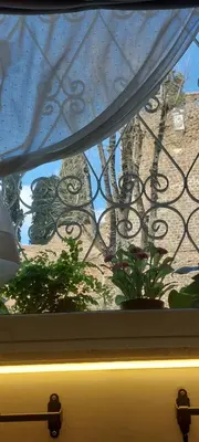 a window with a view of a building with plants at The Golden Pyramid in Rome