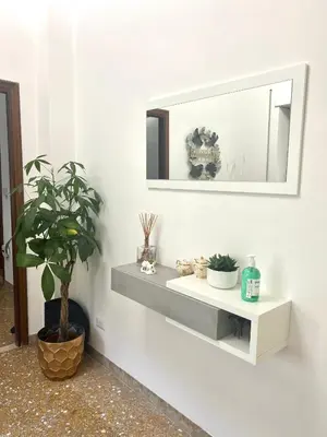 a shelf on a wall with a mirror and a plant at Valentina House in Rome