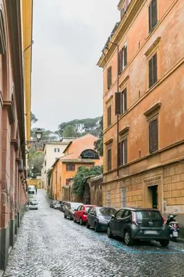 a cobblestone street with cars parked next to buildings at Trastevere Charme in Rome