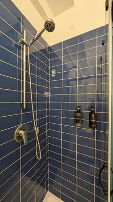a blue tiled bathroom with a shower at Euforia House in Rome