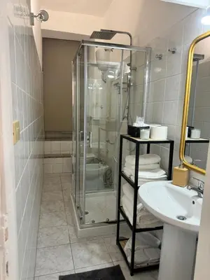 a bathroom with a shower and a sink at Pietra Apartment 2 , Colosseo in Rome