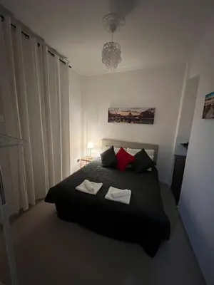 a bedroom with a black bed with red pillows at centro stazione tuscolana in Rome