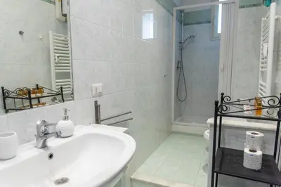 a white bathroom with a sink and a shower at A due passi dal Vaticano in Rome