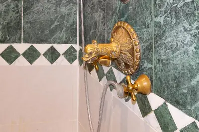 a gold shower head in a shower stall at Crispi 30 Stylish Apartment in Rome
