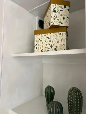 a shelf with a gift box and a cactus on it at Penthouse 23 - Vatican Charming Apartment in Rome
