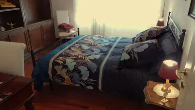 a bedroom with a bed with a blue comforter with dinosaurs on it at Italian romance - A fine apartment in Rome in Rome