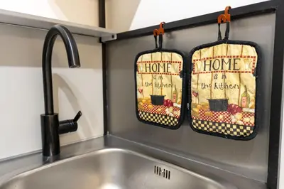 a kitchen sink with two kitchen towels on the wall at Domus Christina in Rome