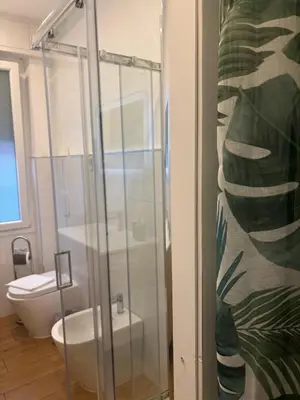 a bathroom with a shower and a toilet at corso francia suite in Rome