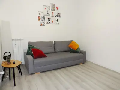 a living room with a gray couch with colorful pillows at Kalu apartment in Rome