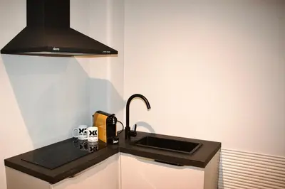 a kitchen with a sink and a black stove at XCross Suites Roma in Rome