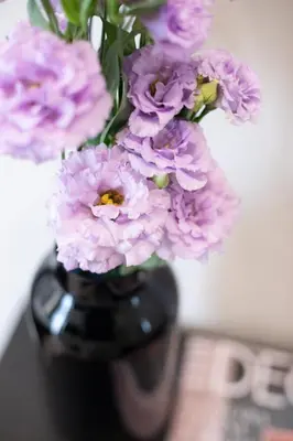 a black vase filled with purple flowers on a table at Belli Boutique Guest House in Rome
