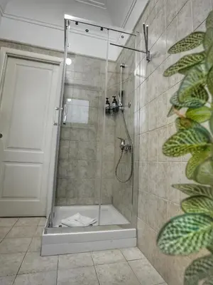 a shower with a glass door in a bathroom at Vinyle Apartment Vatican in Rome